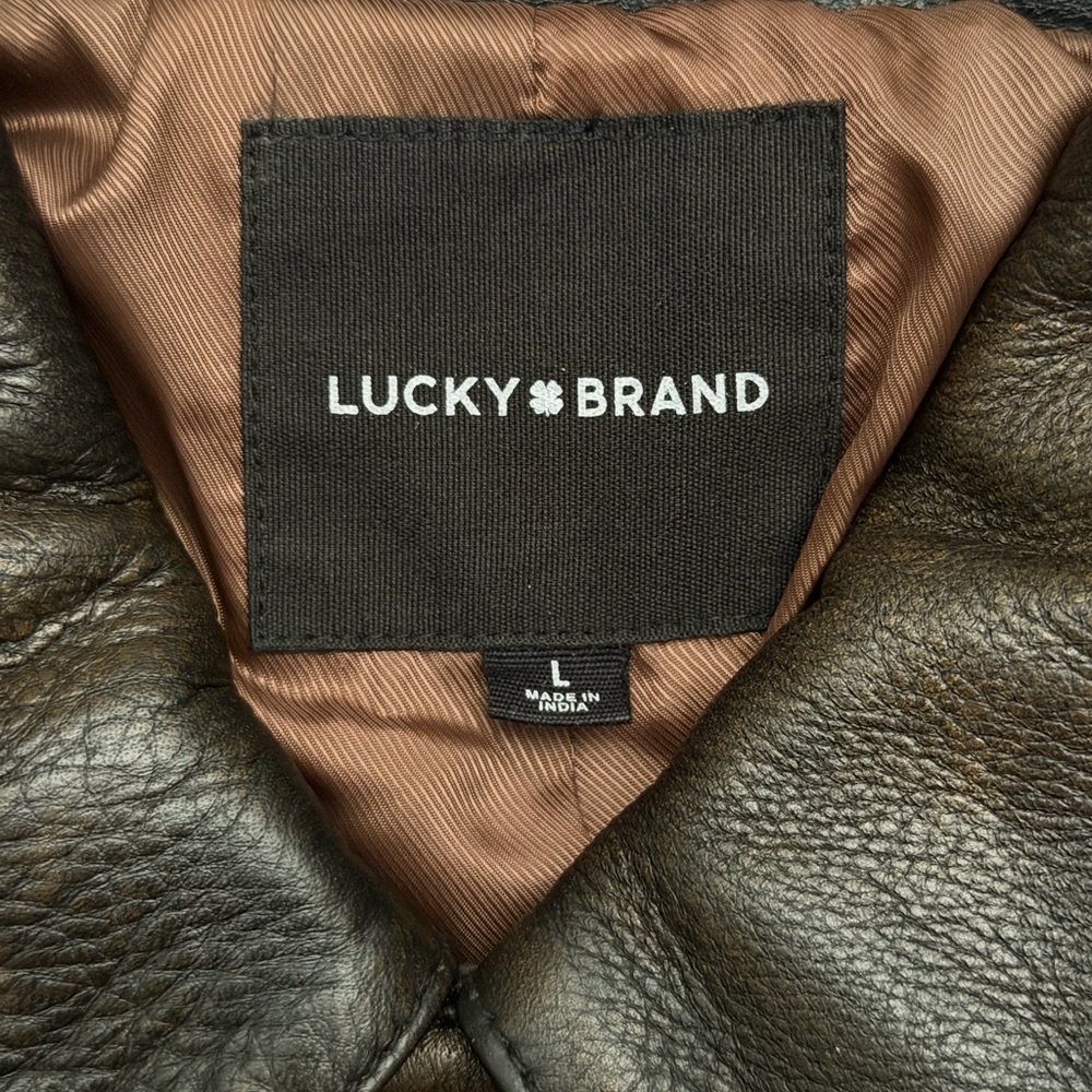 NWT Lucky Brand Men's Leather Trucker Jacket Size Large Brown Black MSRP $499 - Picture 5 of 5